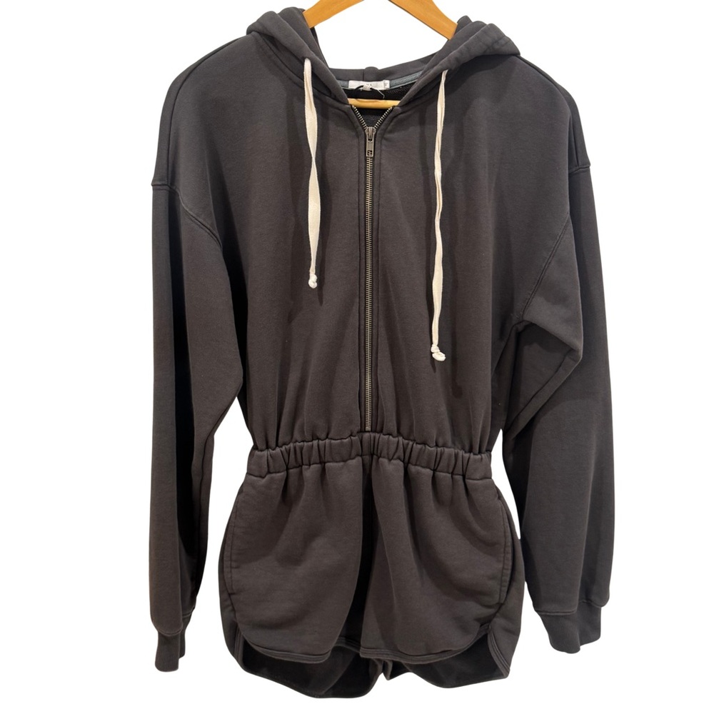Womens Black Hooded Zip Romper with Drawstring Waist